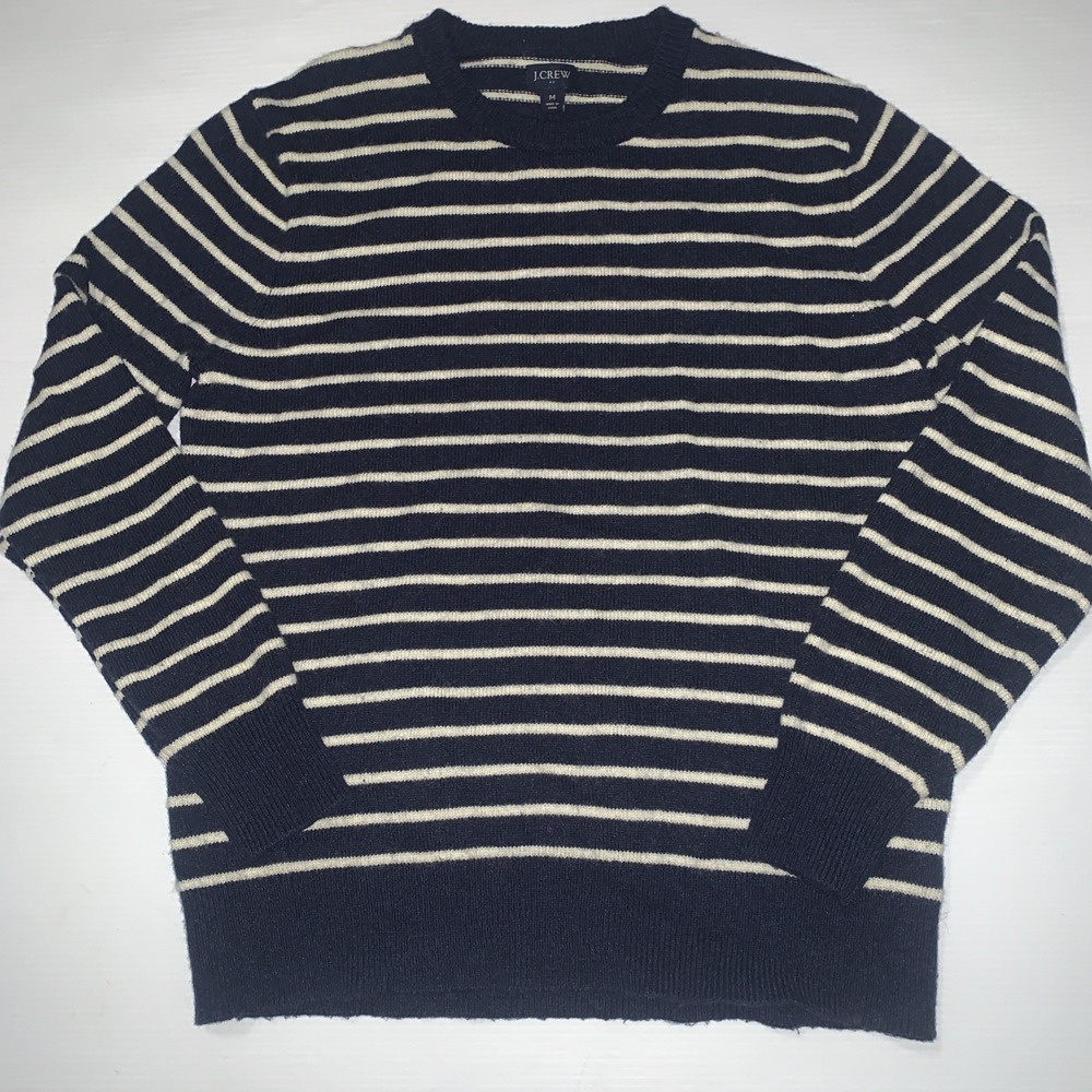 J. Crew stripe men's Size M crewneck sweater Lambs Wool Blend Navy White Preppy